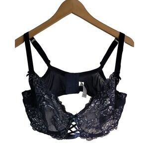 Cacique 42DD Midnight Blue Silver Foil Lace Corset Bra - Sexy Balconette Mesh